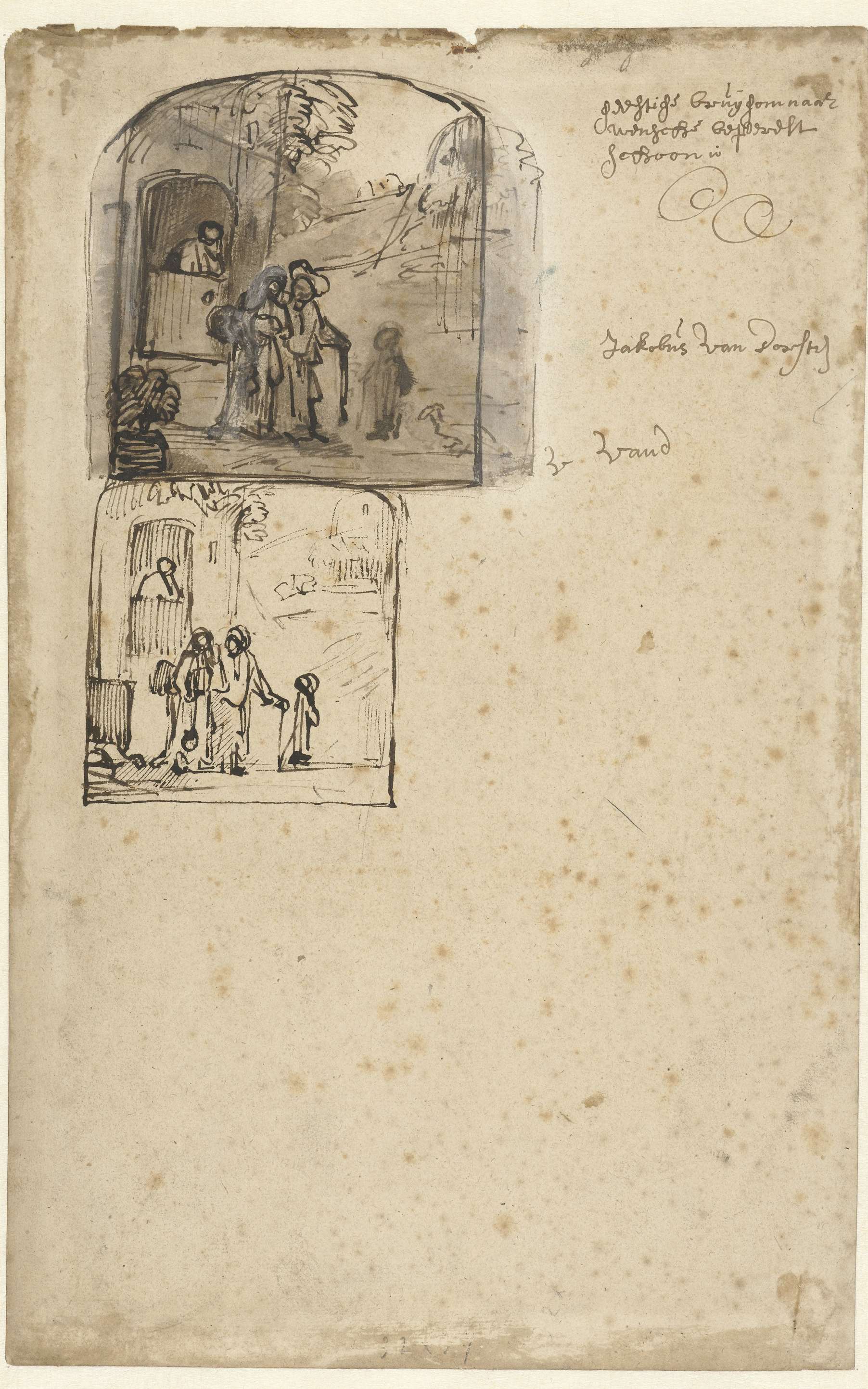 Two Sketches of the Dismissal of Hagar by Jacob van Dorsten, drawing depicting Hagar in a landscape.