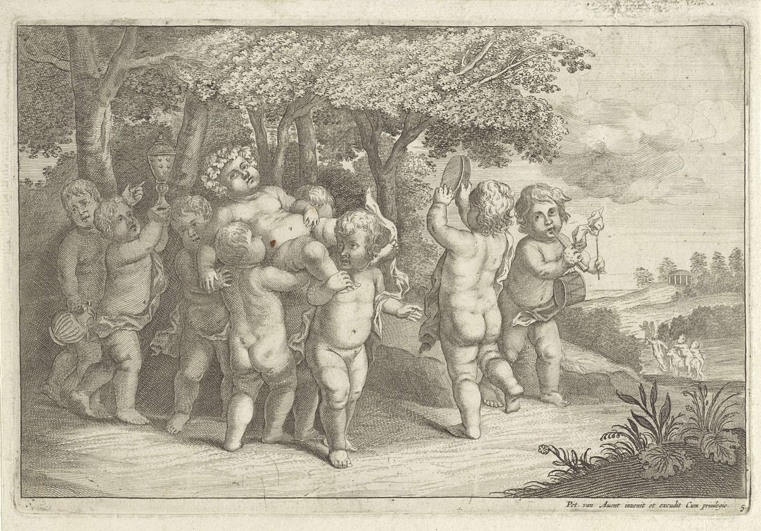 Two dancing boys carrying a bacchant, etching by Wenceslaus Hollar