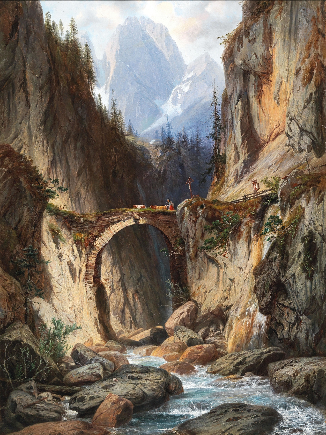 Oil painting by Willibald Wex depicting a serene landscape with a waterfall and rocky terrain.