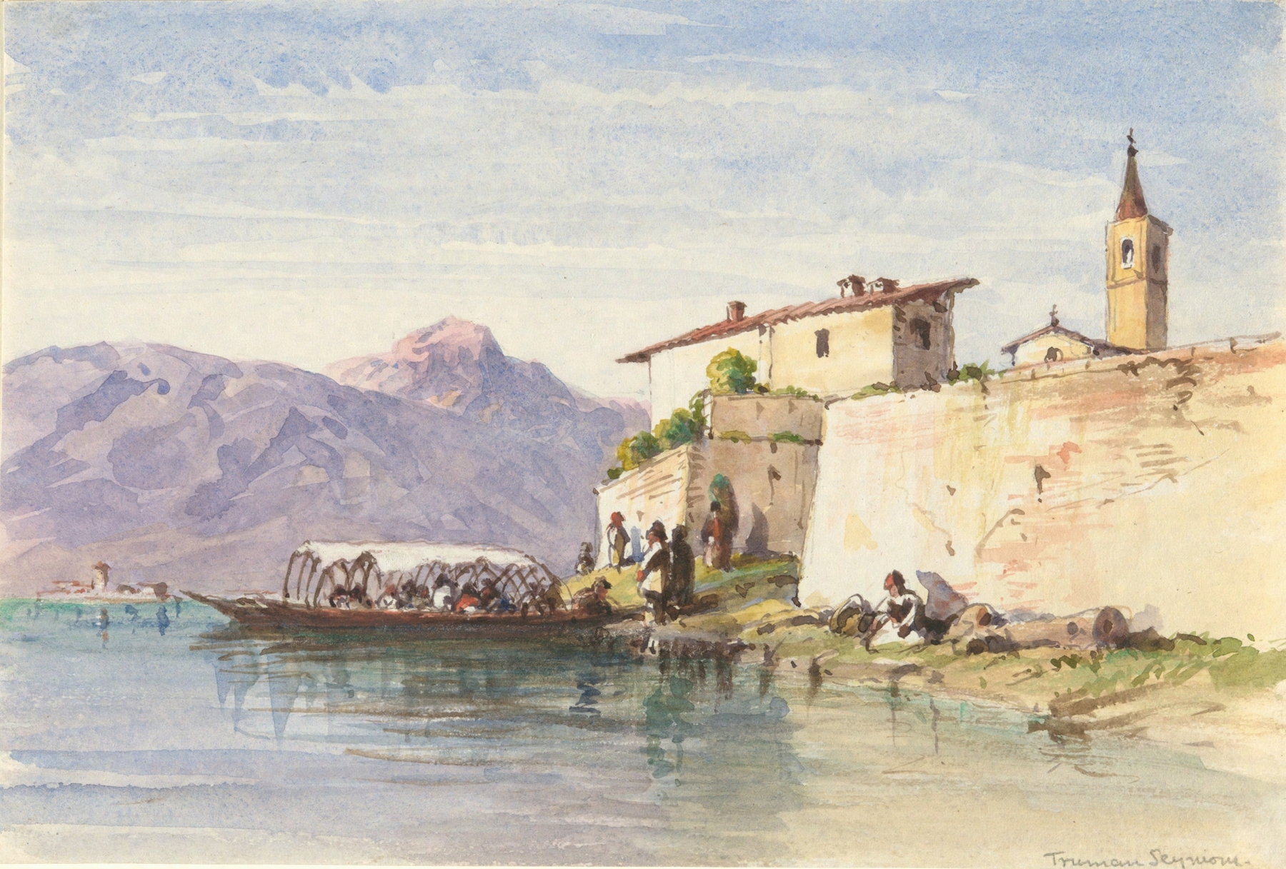 Italian Lakeside View by Truman Seymour, oil on canvas depicting a serene lake and mountains.