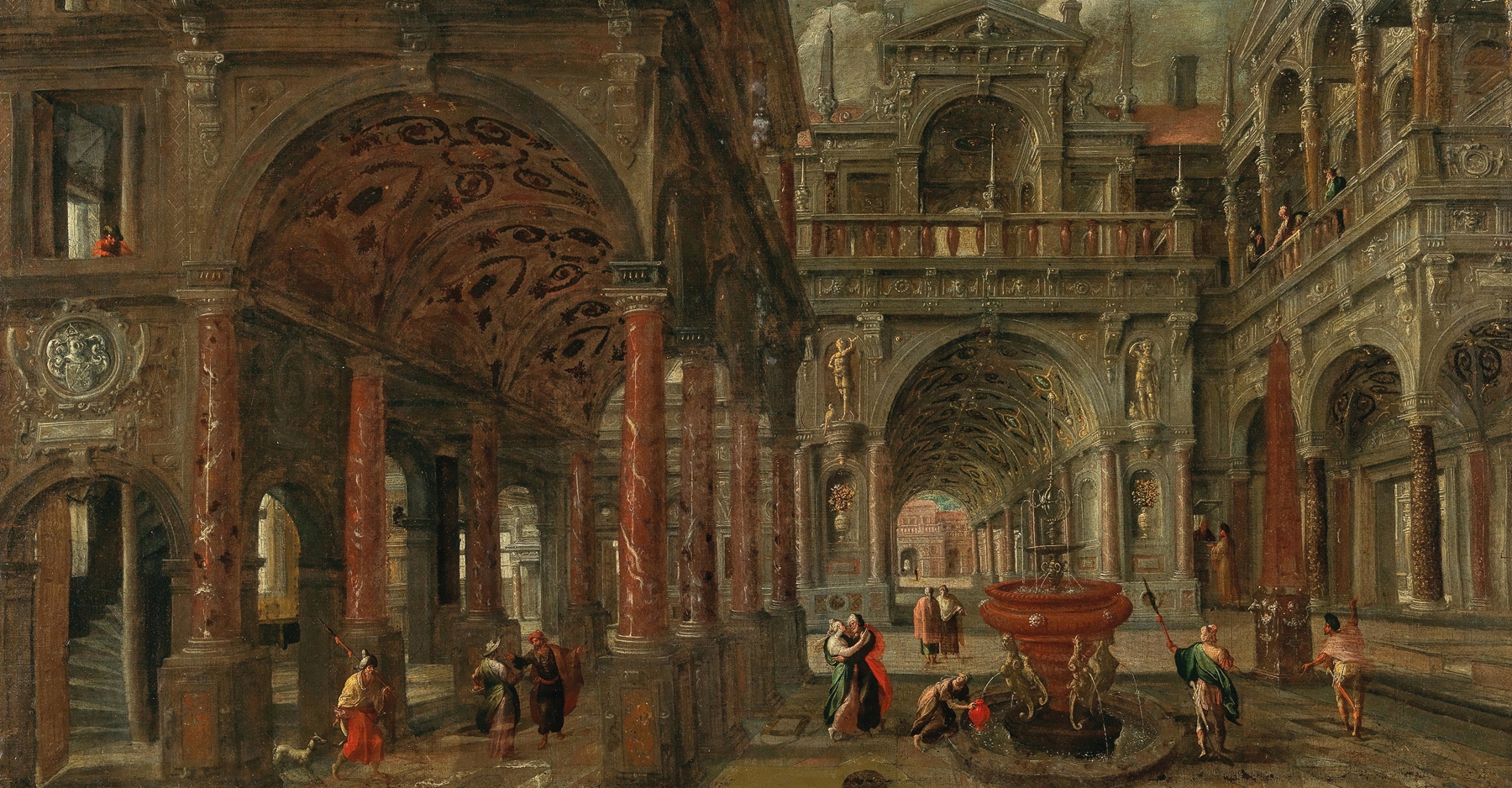An architectural capriccio with a view of an imaginary classical palace and elegant figures, by Paul Vredeman de Vries, public domain
