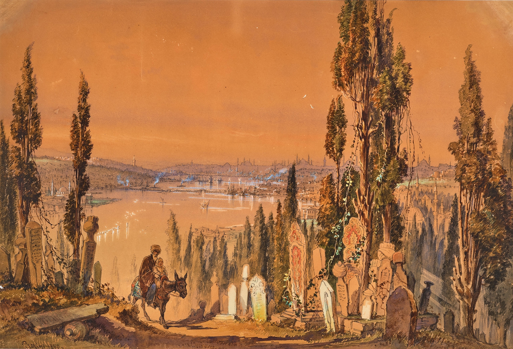 Landscape of Istanbul from Eyüp cemetery, oil painting by Amadeo Preziosi