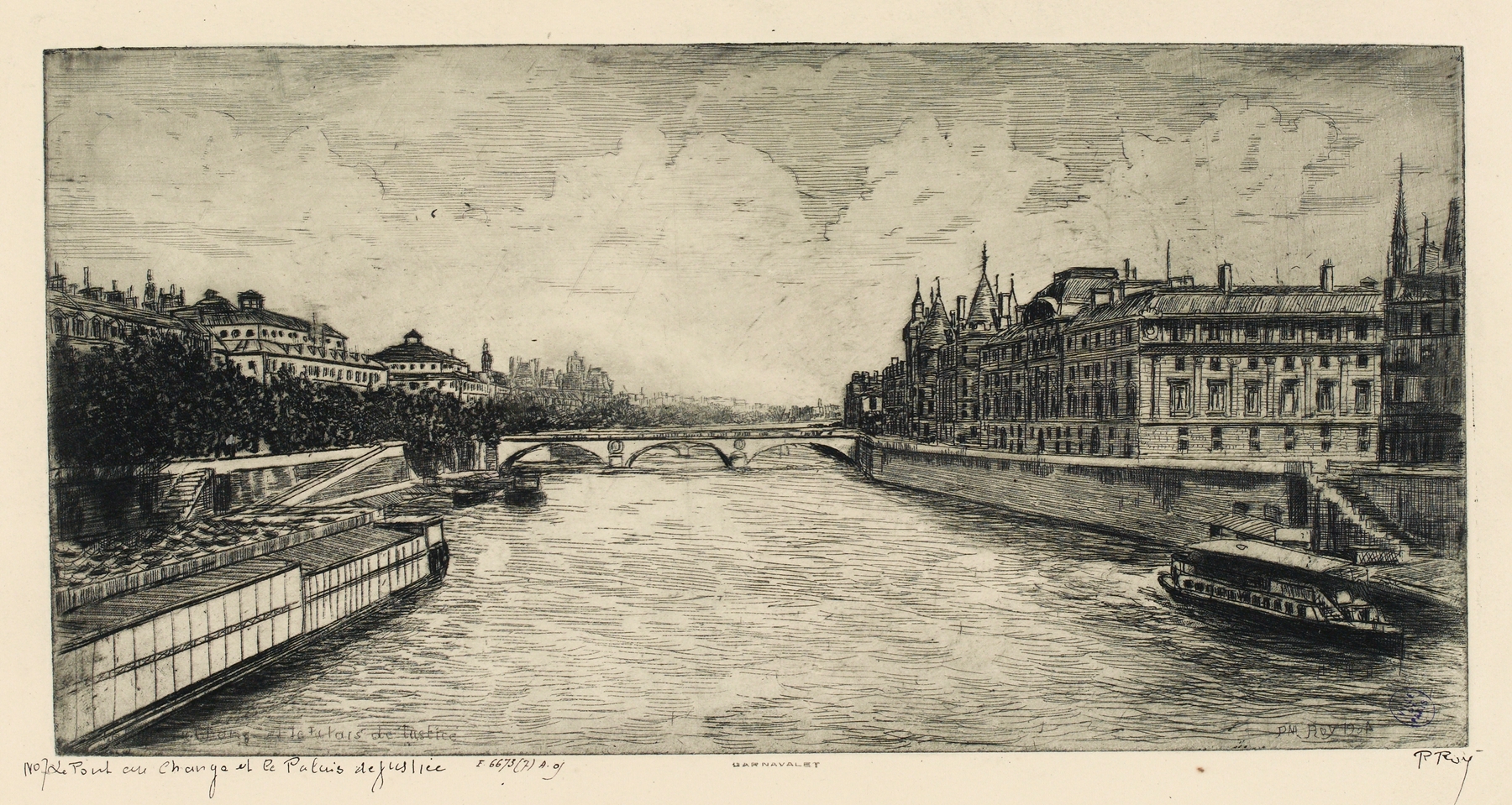 Oil painting by Pierre-Marcel Roy depicting a bridge over the Seine with the Palais de Justice.