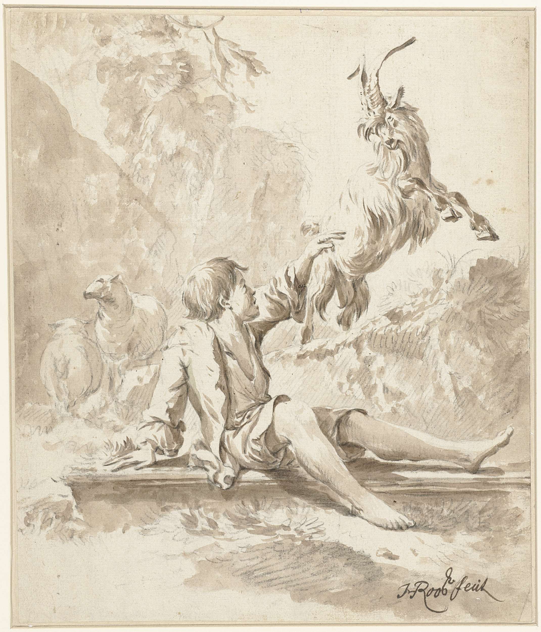 Genre scene of a shepherd boy playing with a goat, oil painting by Johann Heinrich Roos