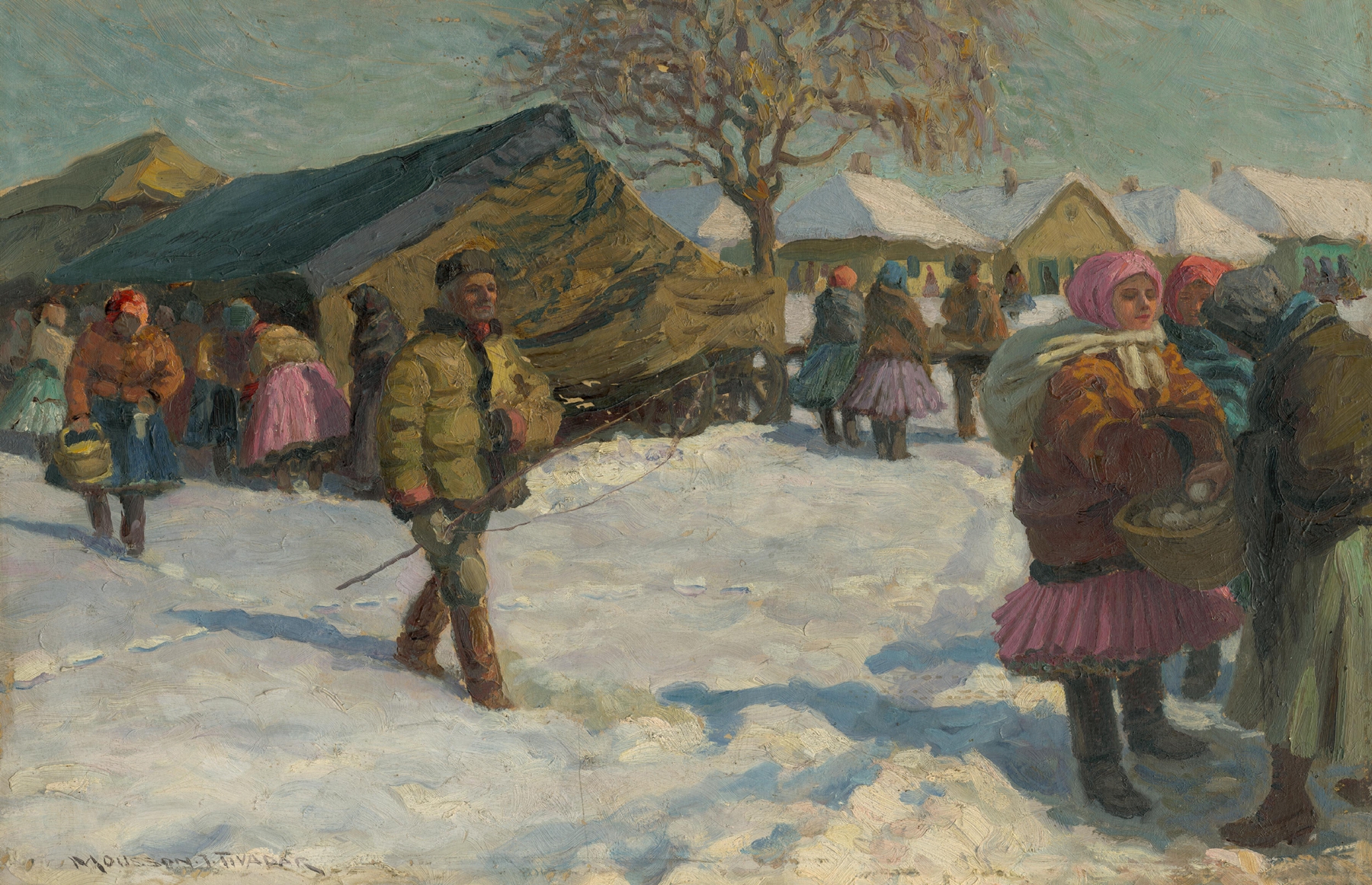 Genre scene depicting figures huddled in winter by Jozef Teodor Mousson, oil painting