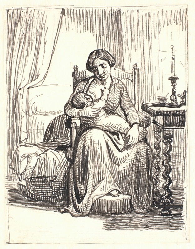 A mother tenderly holds her child in a softly lit interior.