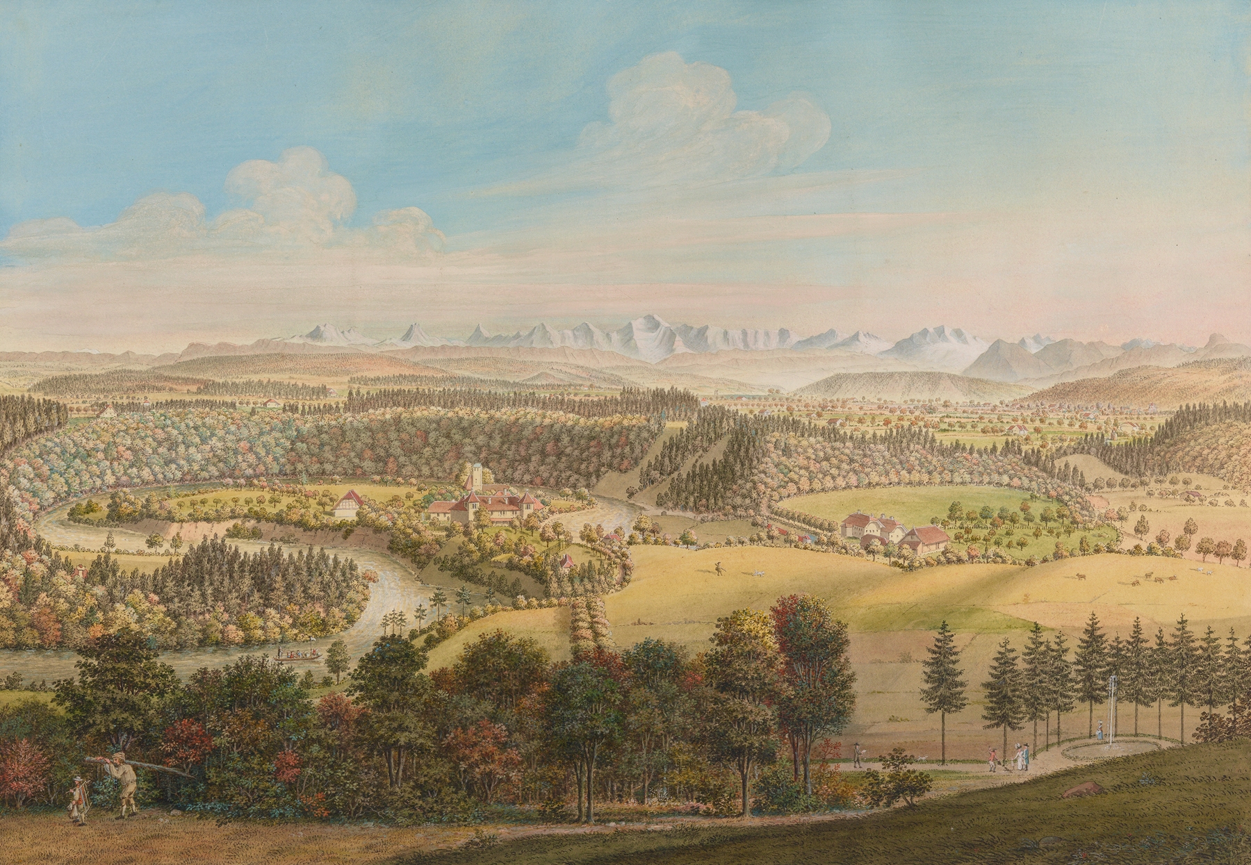 Landscape depicting Schloss Bremgarten und Zehndermätteli by Caspar Leontius Wyss, medium unknown.