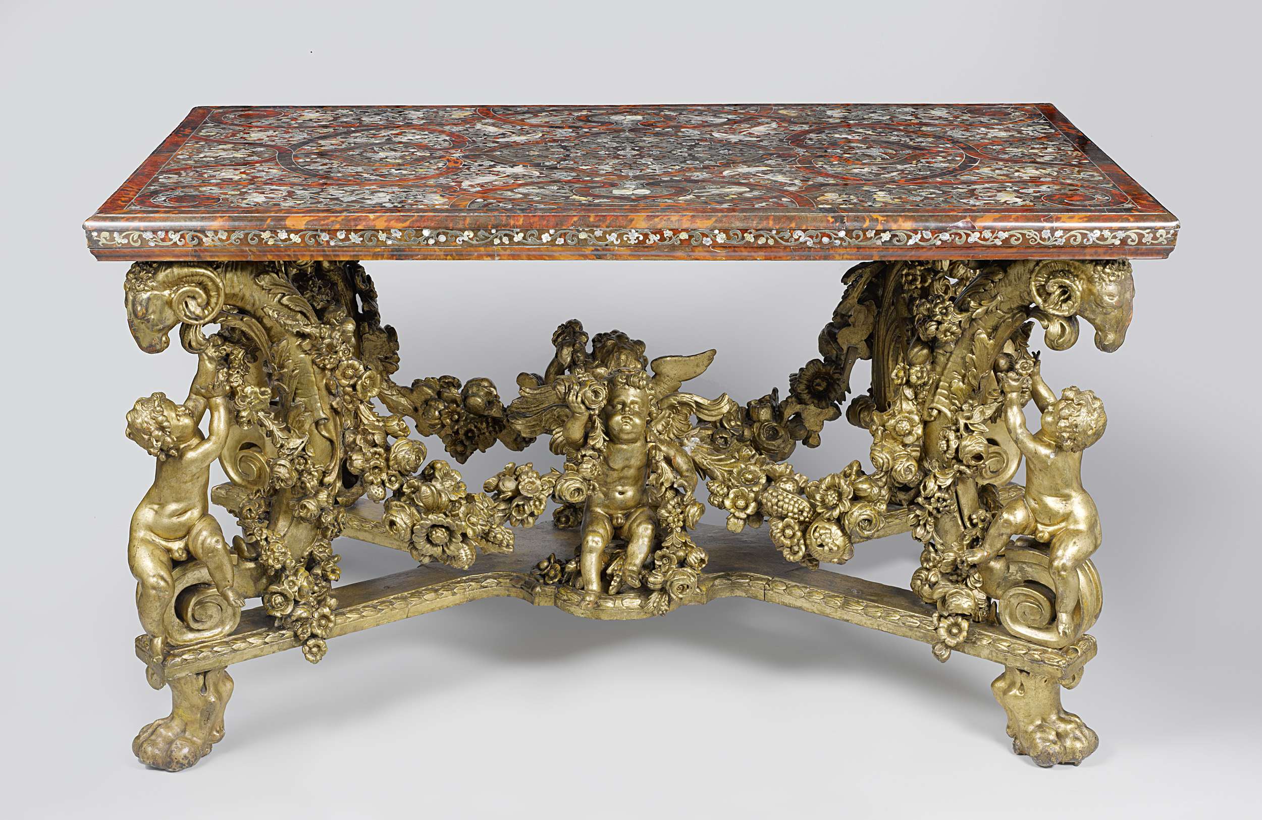 Decorative art tabletop by Pieter de Loose, oil on canvas, featuring coats of arms.