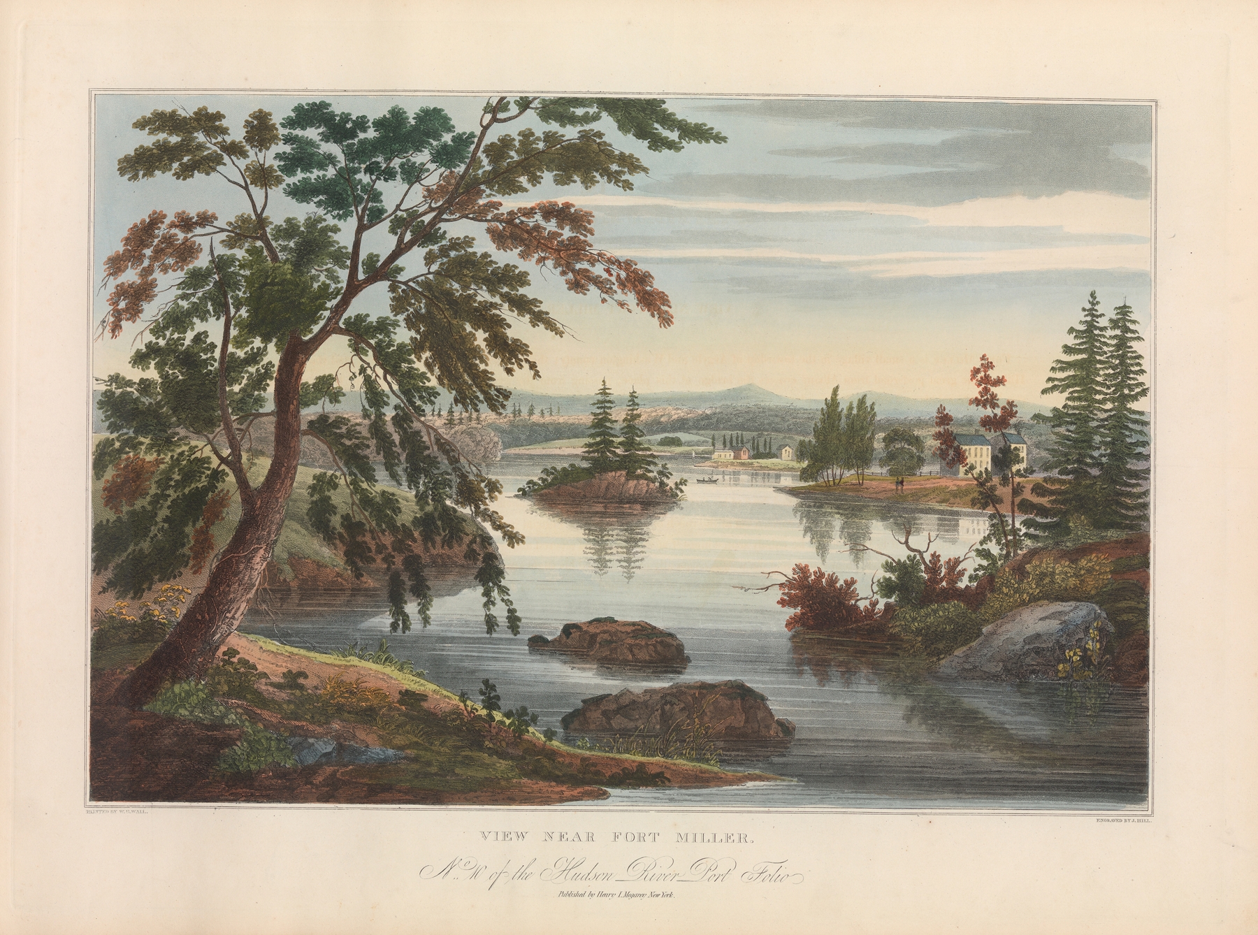 View Near Fort Miller by John Hill, oil on canvas, depicting a tranquil river and reflective sky.
