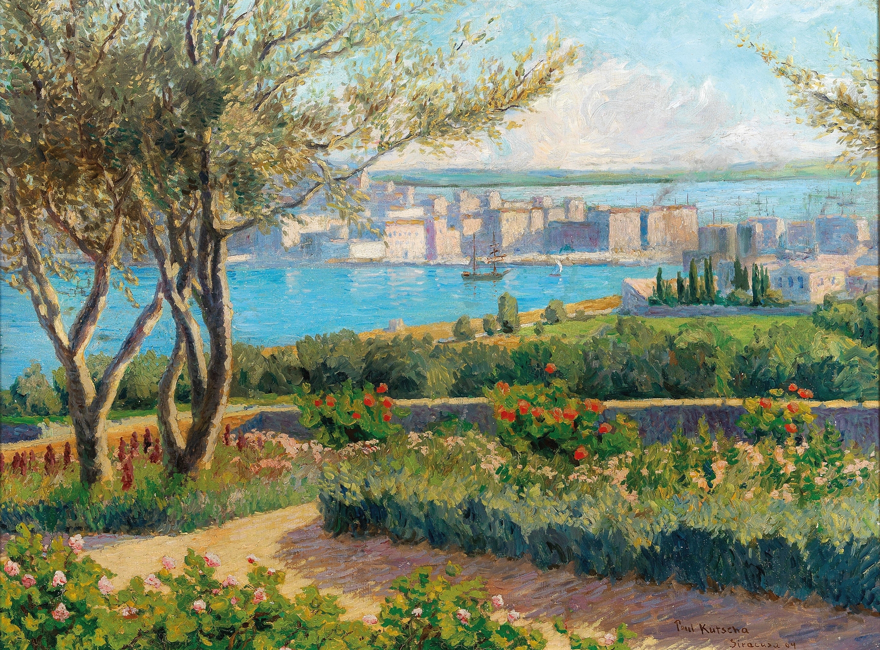 Blick auf Syracus by Paul Kutscha, oil on canvas depicting a tranquil landscape with water and sky.