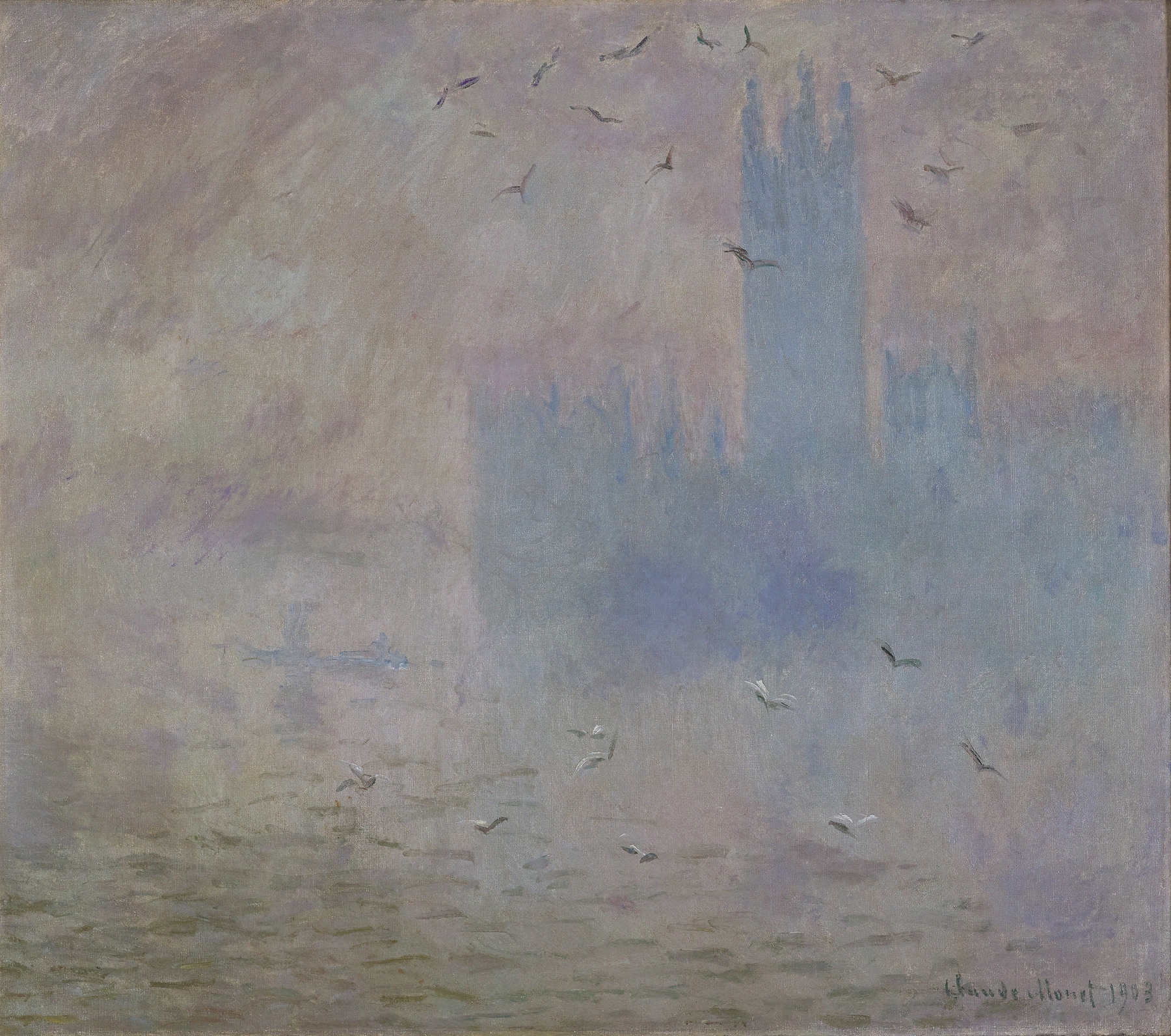 The Houses of Parliament, Seagulls, by Claude Monet, public domain