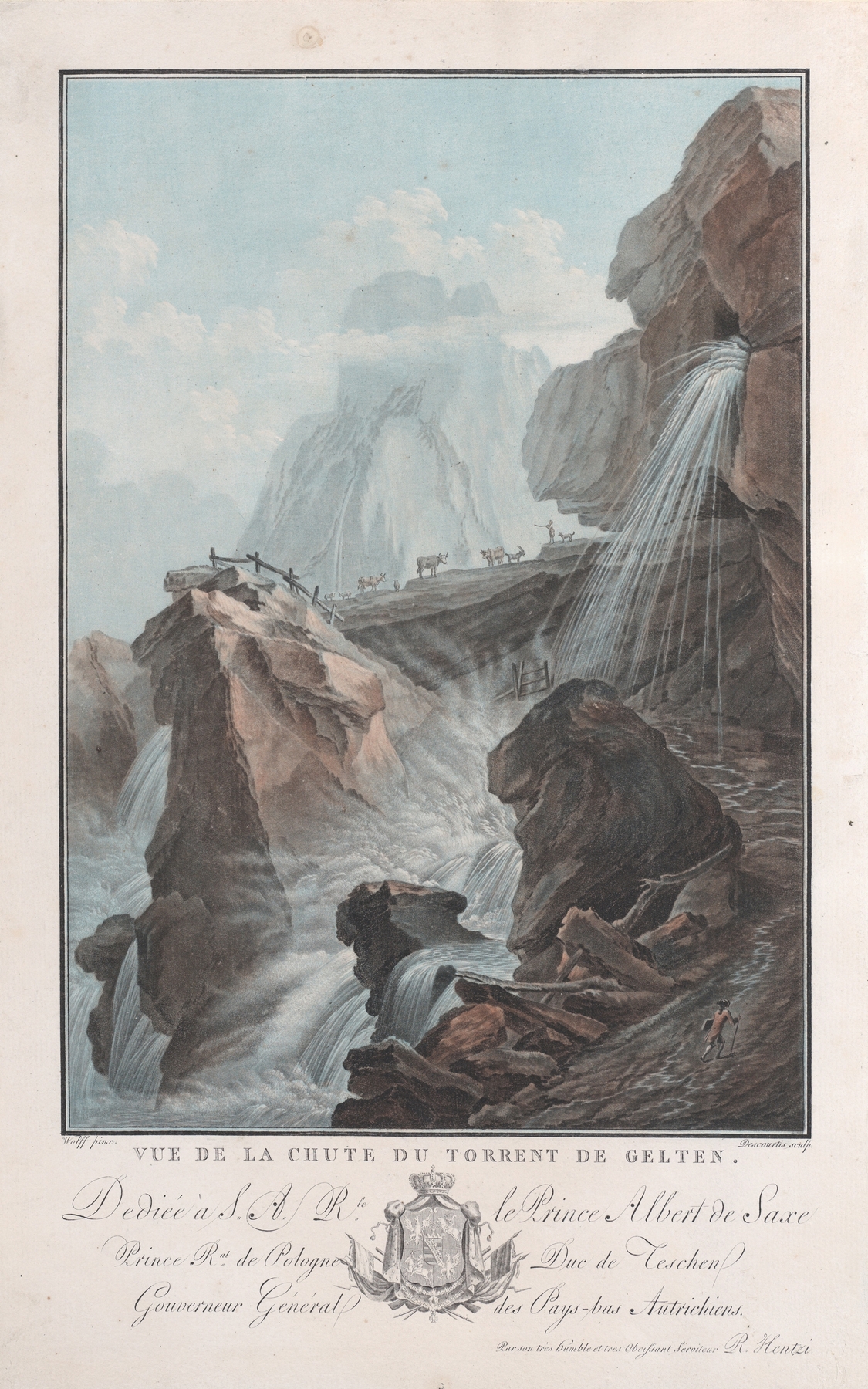 Vue de la chute du torrent de Gelten by Charles-Melchior Descourtis, oil painting depicting a waterfall.