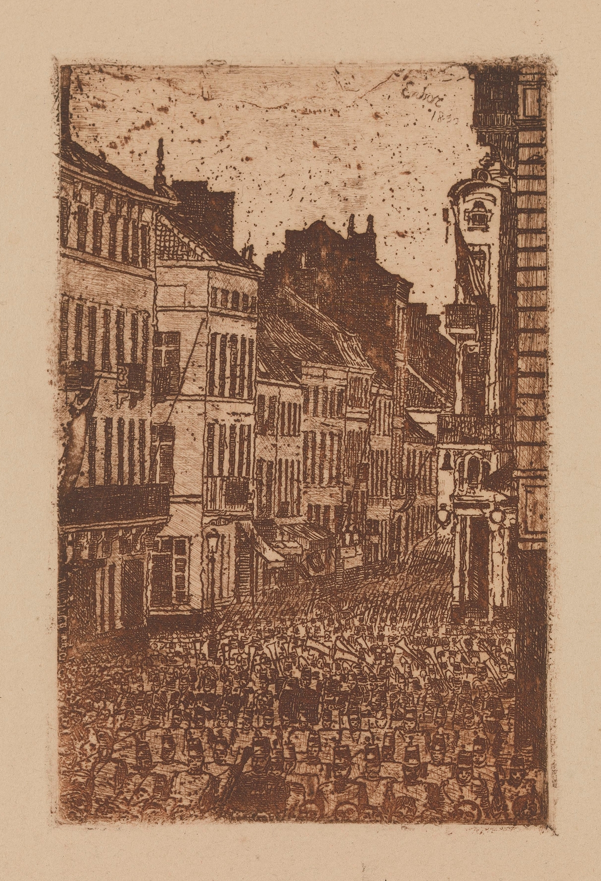 The Music in the rue de Flandre, Ostend, by James Ensor, public domain