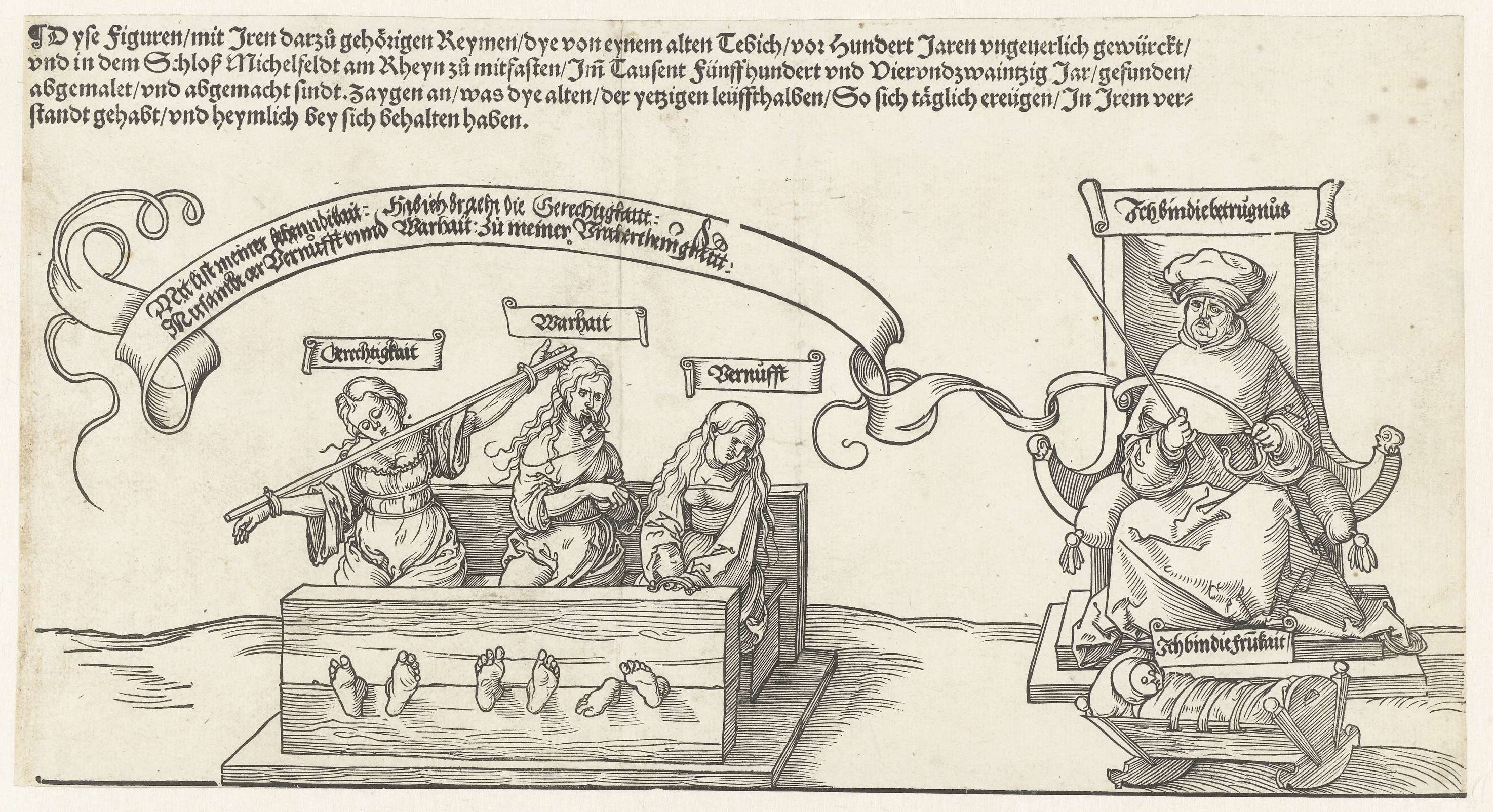 Gerechtigheid, Waarheid en Vernuft geketend; de onrechtvaardige rechter en de Vredelievendheid, by Albrecht Dürer, public domain