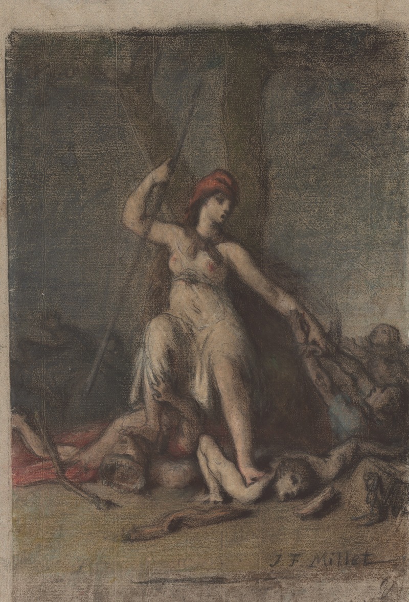 A depiction of liberty personified, showcasing a strong female figure.