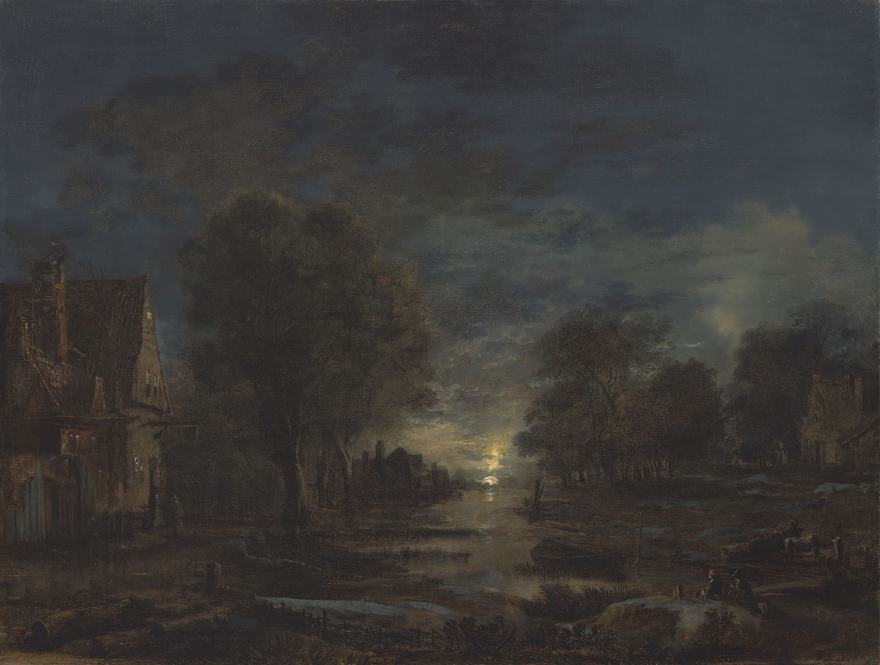 A moonlit landscape with an inn beside a river, oil on canvas by Aert van der Neer
