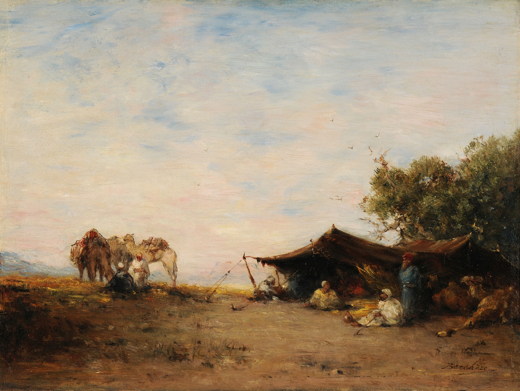 Landscape oil painting by Narcisse Berchère featuring vibrant hues and dynamic movement.