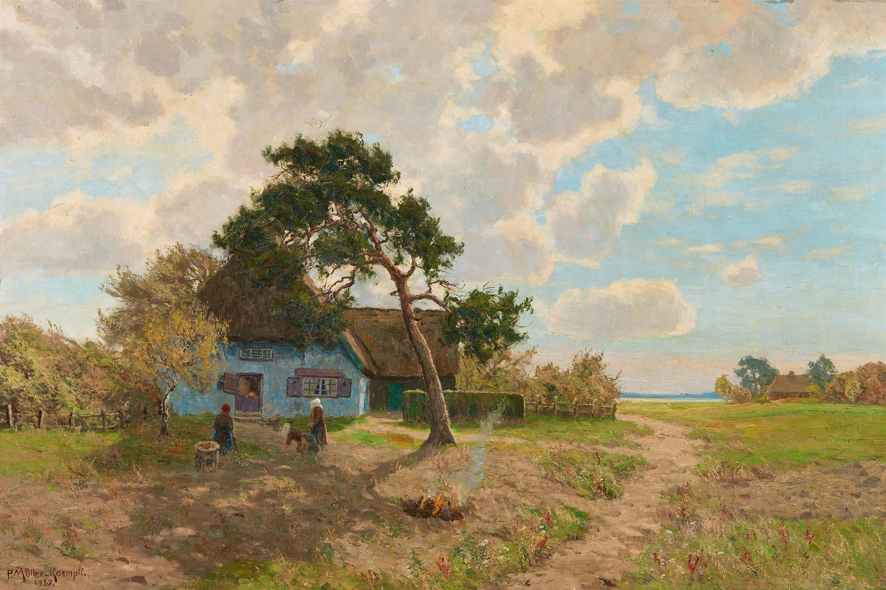Oil painting by Paul Müller-Kaempff depicting a farmhouse among the dunes