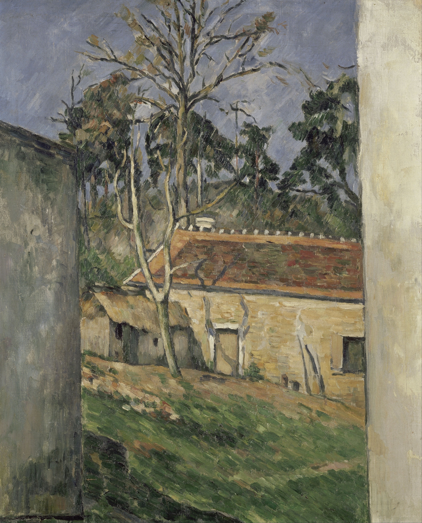 Farmyard by Paul Cezanne, oil painting depicting a rural scene with hay and earth.