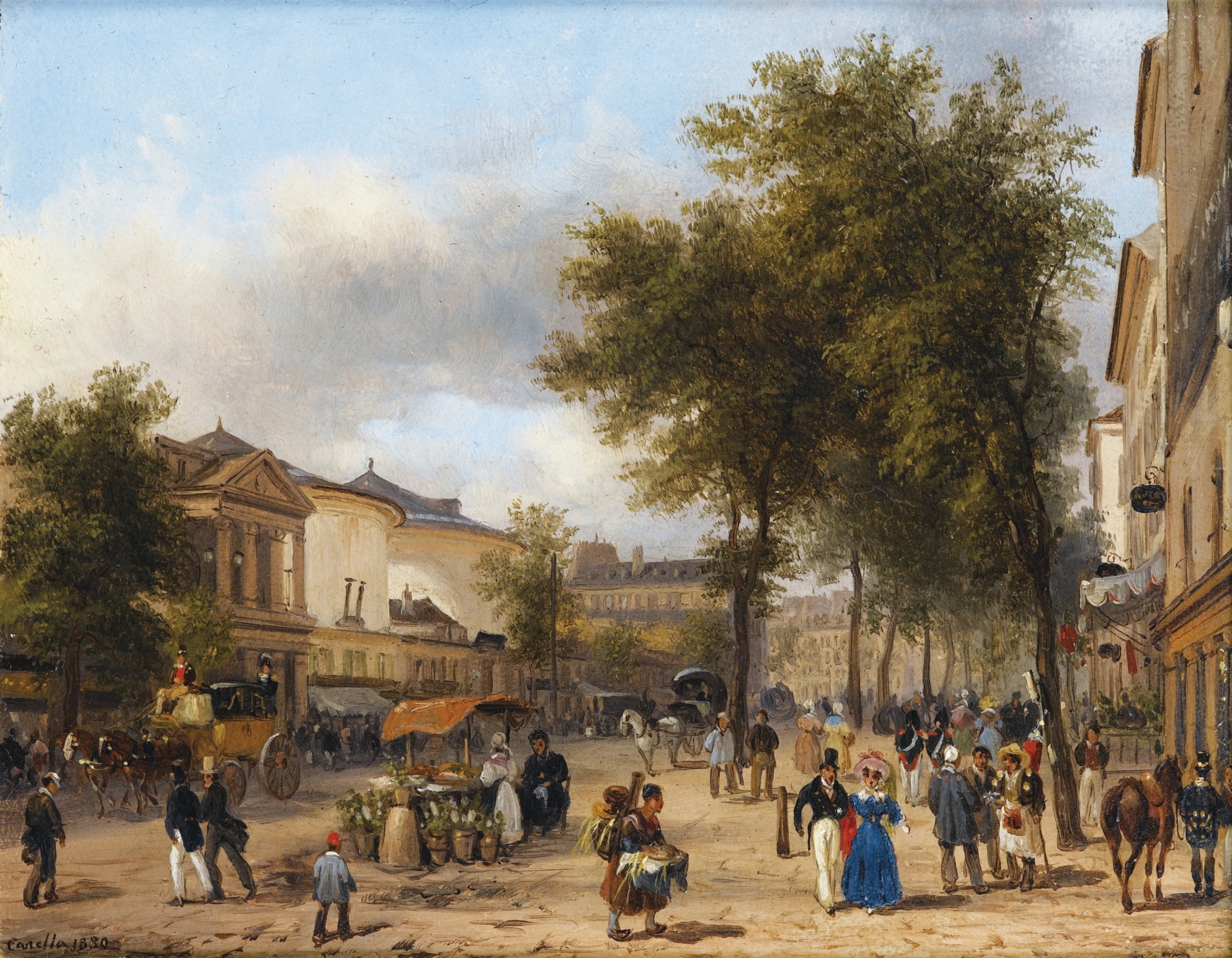 Urban scene of the Théâtre des Variétés in Paris by Giuseppe Canella, oil painting