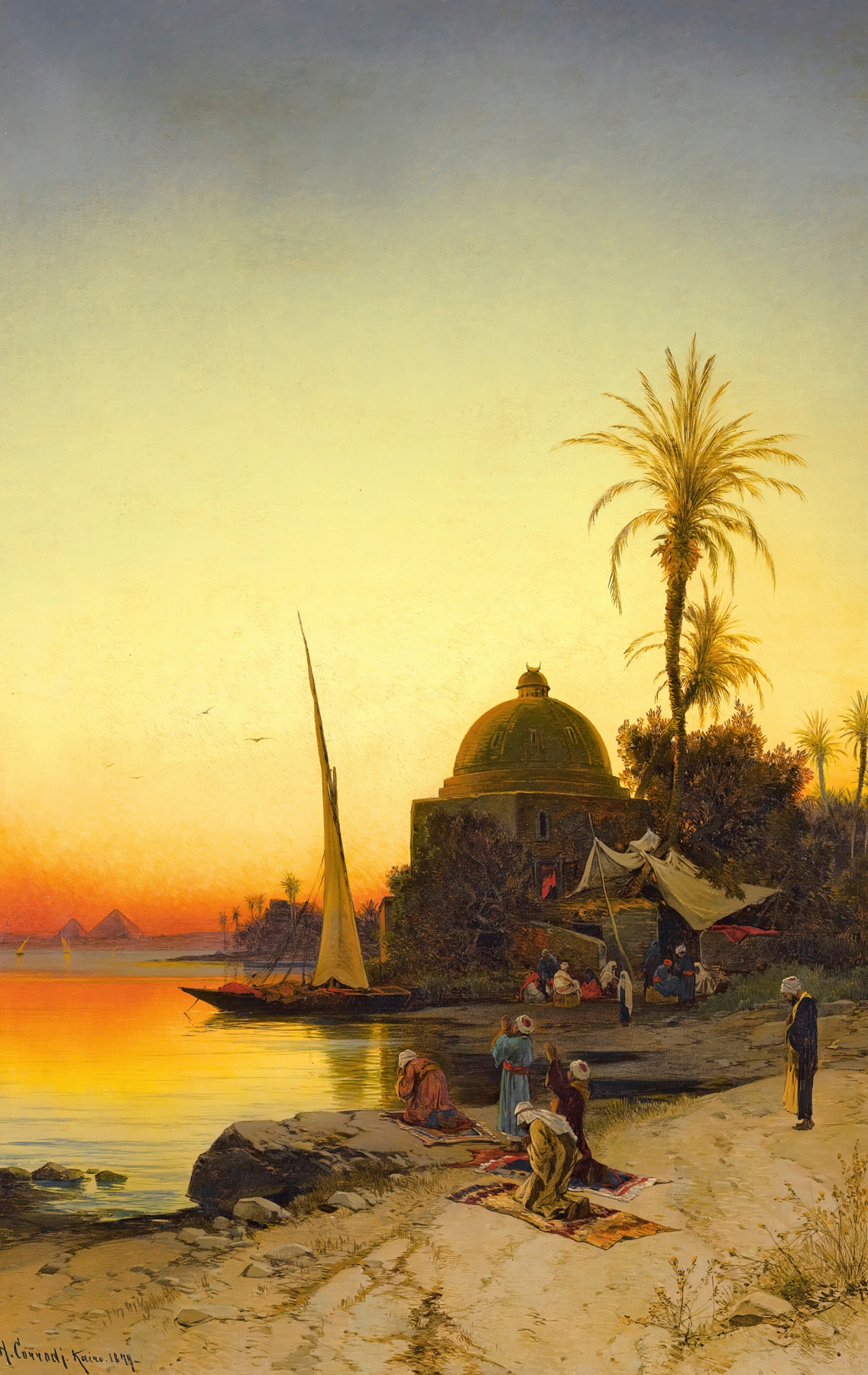 On The Banks Of The Nile, oil on canvas by Hermann David Salomon Corrodi, featuring palm trees and the Nile.