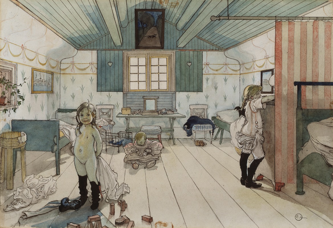 A cozy interior scene featuring a mother and small girls in a vibrant room.