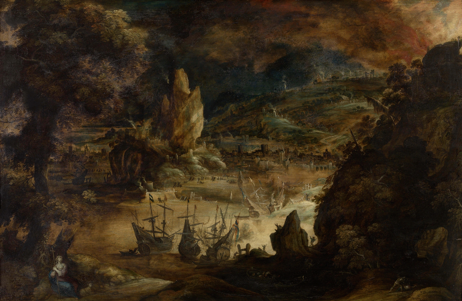 Figurative oil on canvas by Kerstiaen de Keuninck depicting an anguished figure amid chaos.
