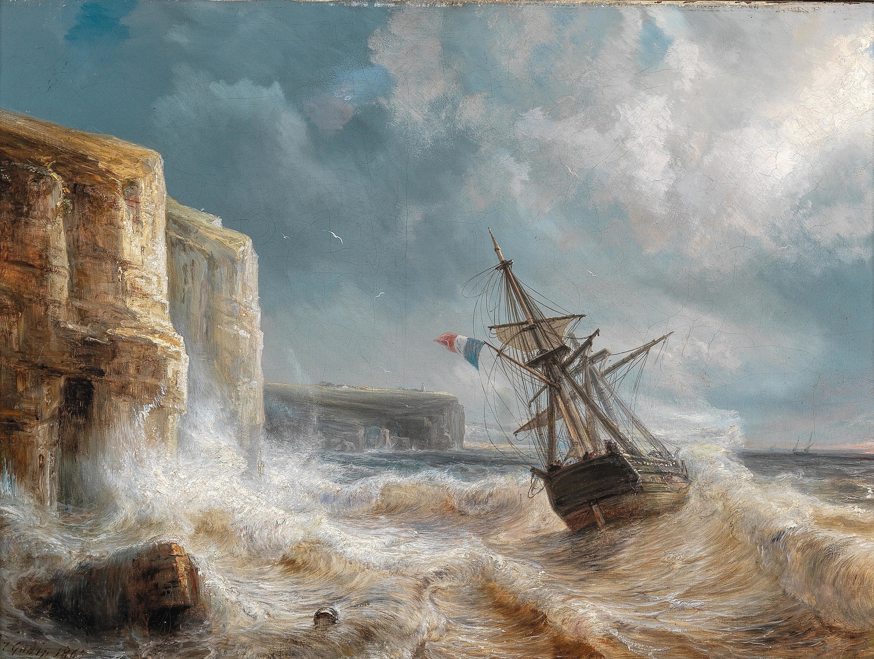Sormy Seas, oil on canvas by Théodore Gudin, depicting turbulent waves and chalk cliffs.