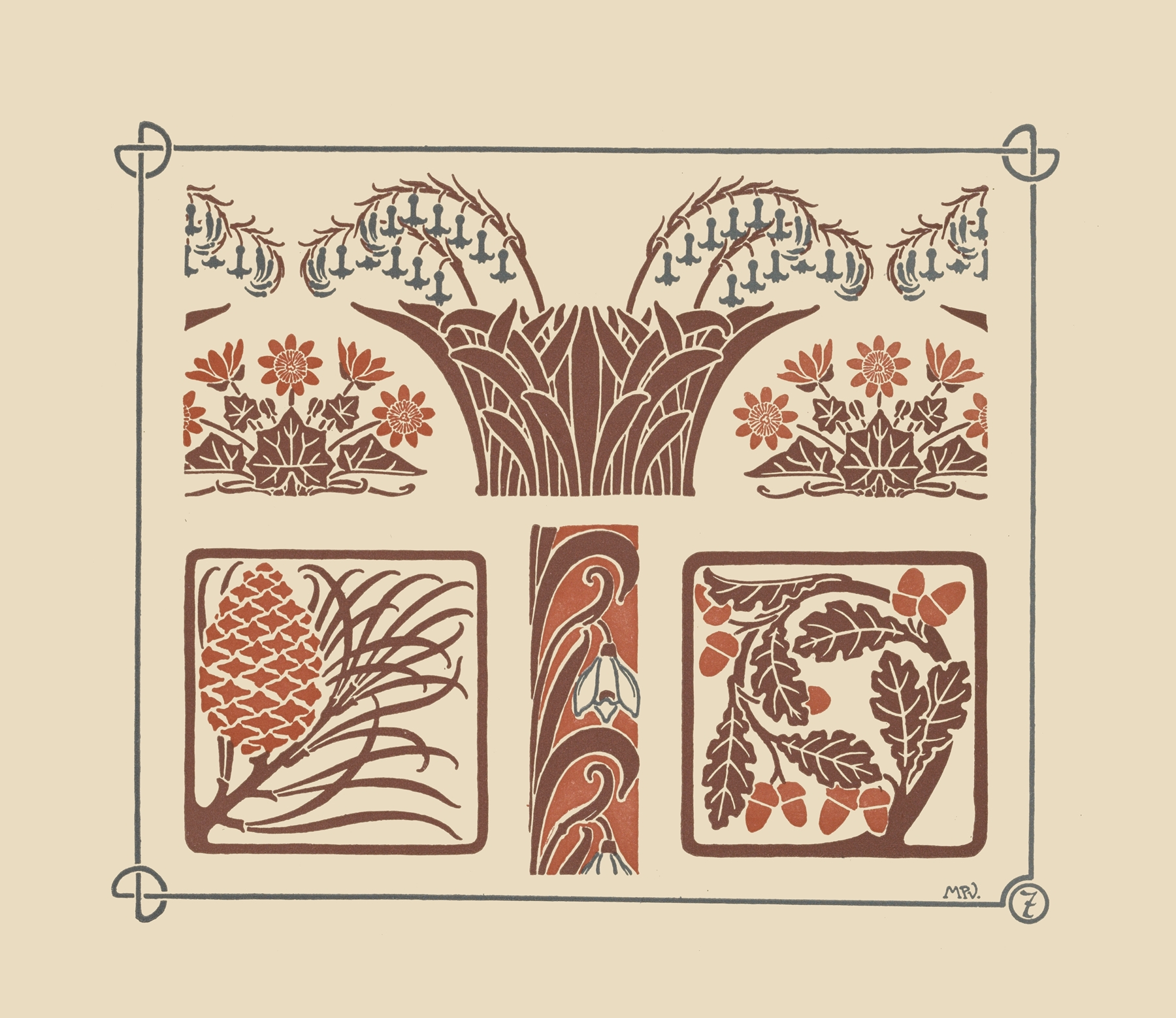 Abstract design based on flowers and pinecones, by Maurice Pillard Verneuil, public domain