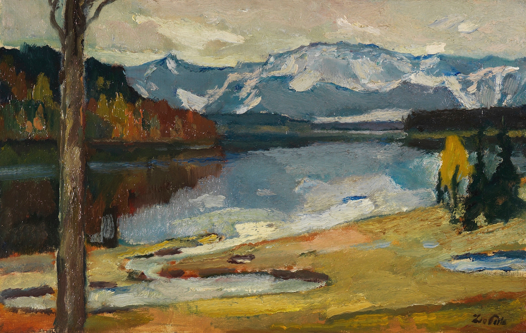 Kampenwand VI by Leo Putz, oil on canvas depicting a tranquil lake and gentle hills.