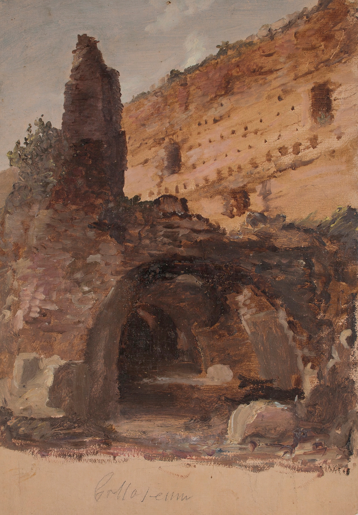The Colosseum by Thomas Cole, oil painting, illuminated ruins with sunlight.