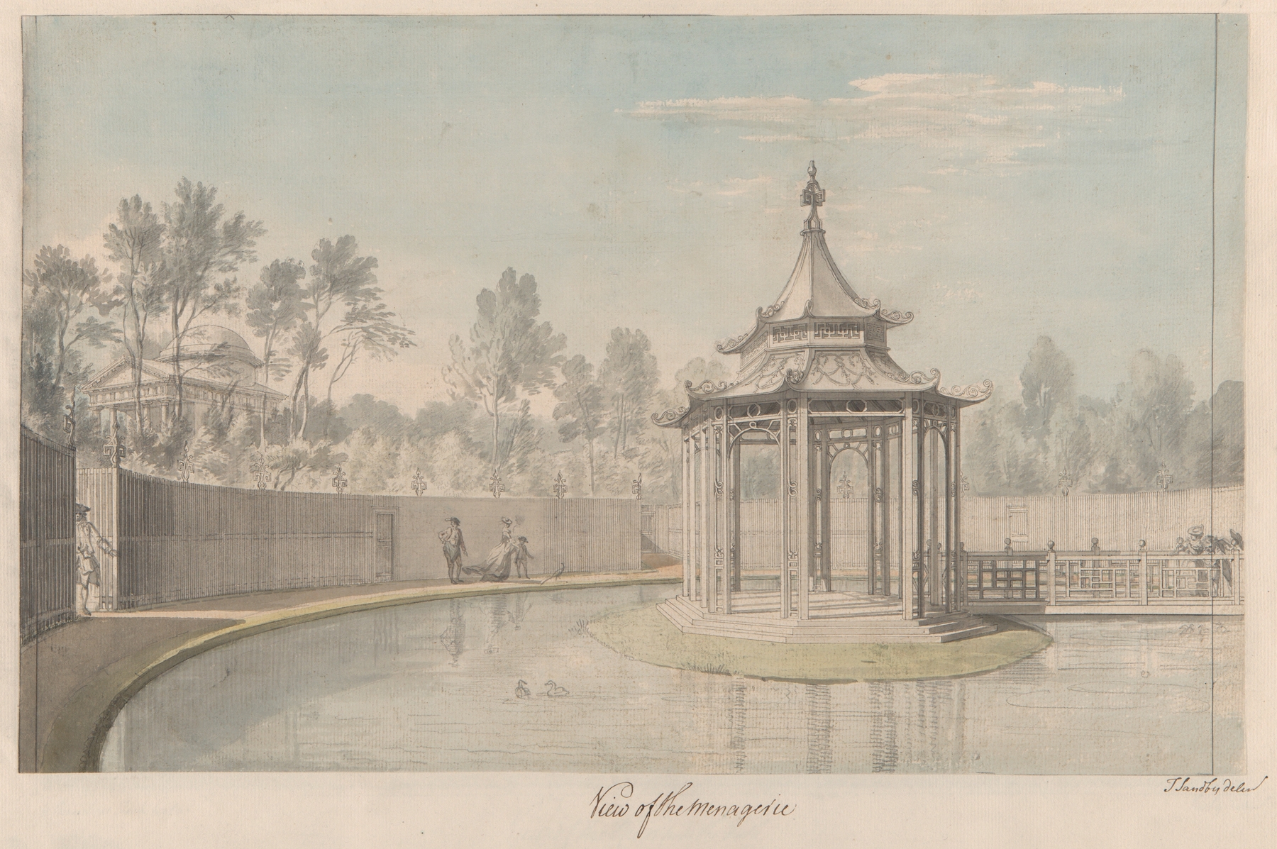 View of the Menagerie at Kew by Thomas Sandby, oil painting depicting lush foliage and animals