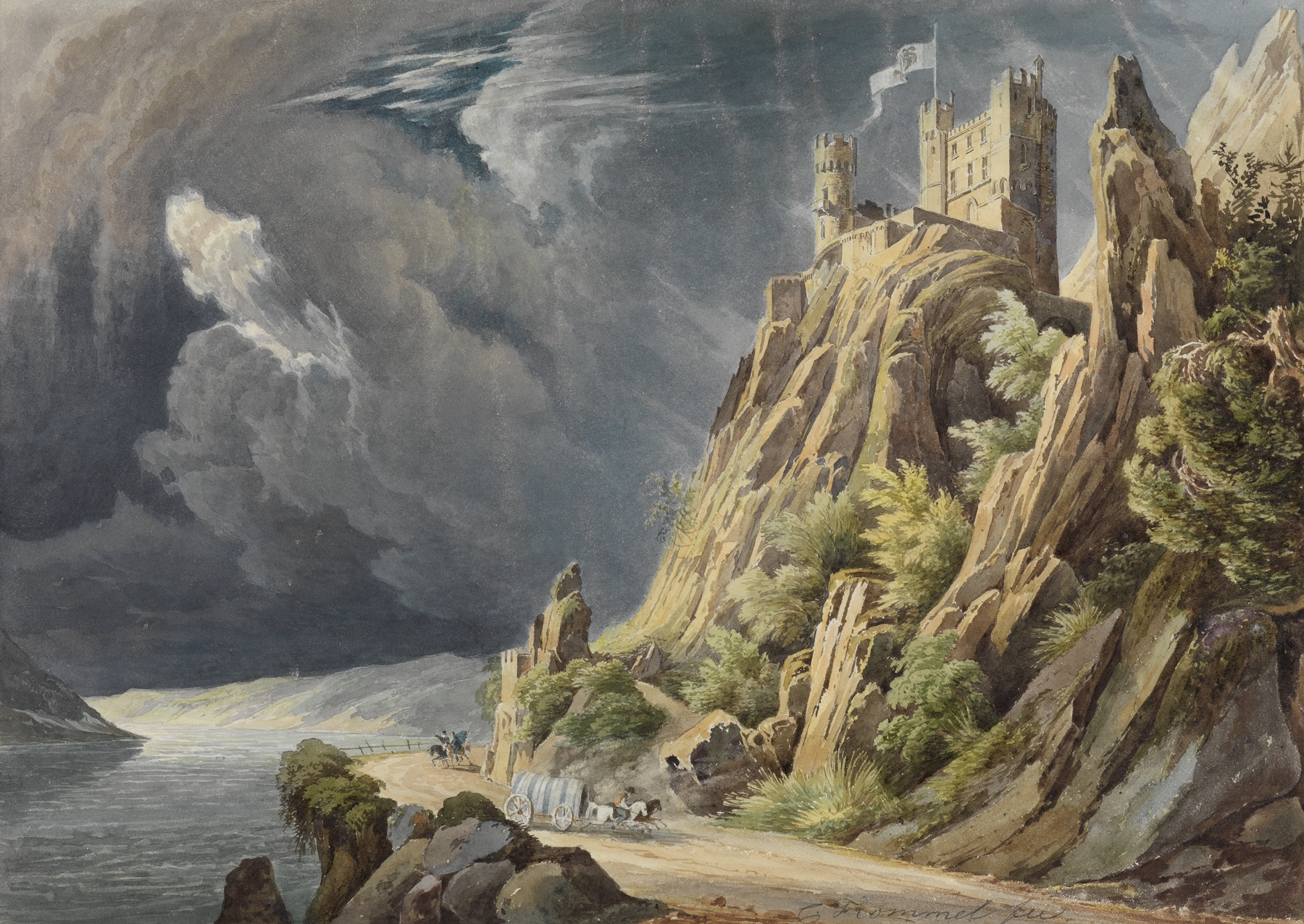 Burg Rheinstein bei Gewitter, by Carl Ludwig Frommel, public domain