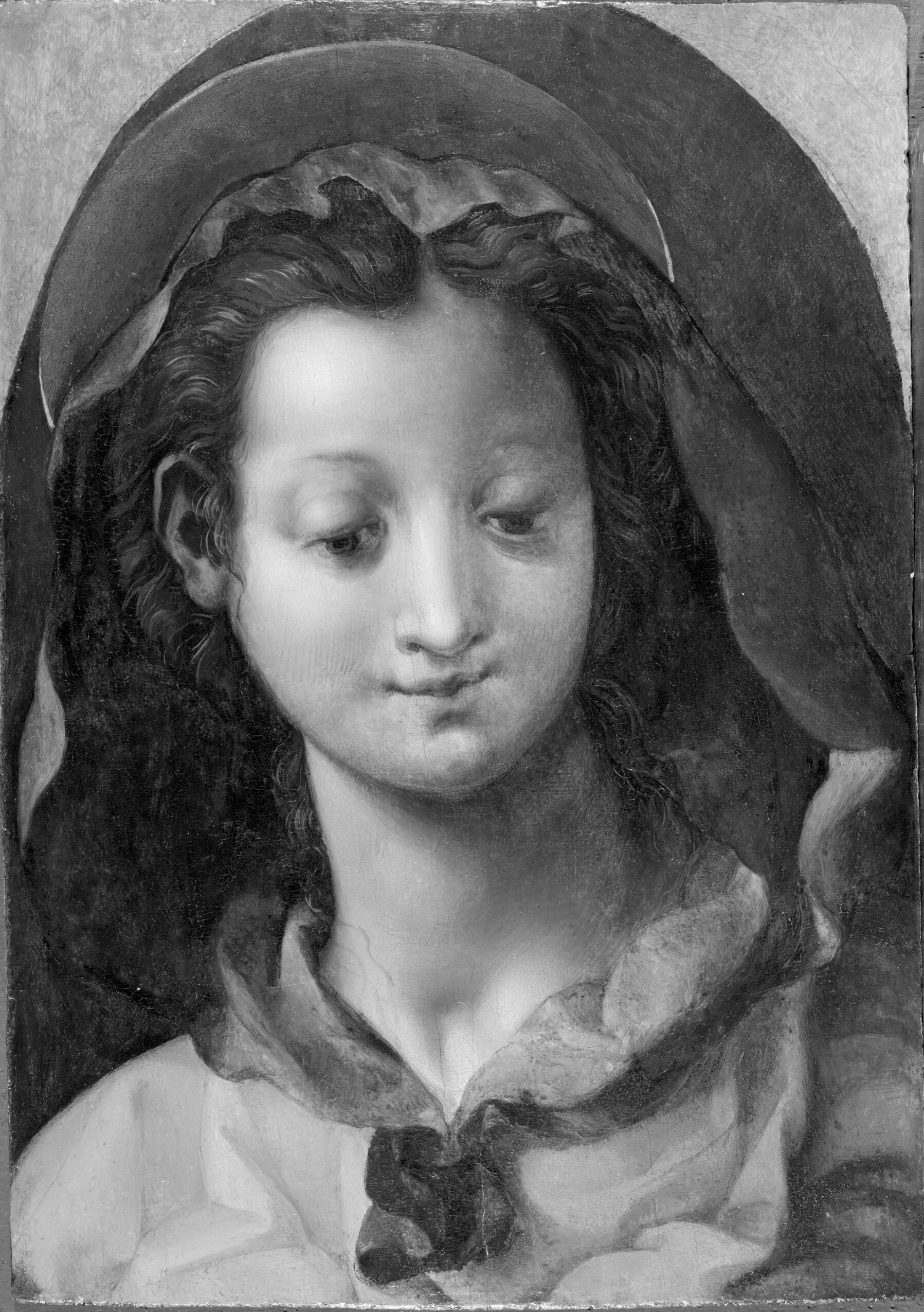 Bust of the Virgin by Pontormo, oil on panel, featuring serene expression and soft light.