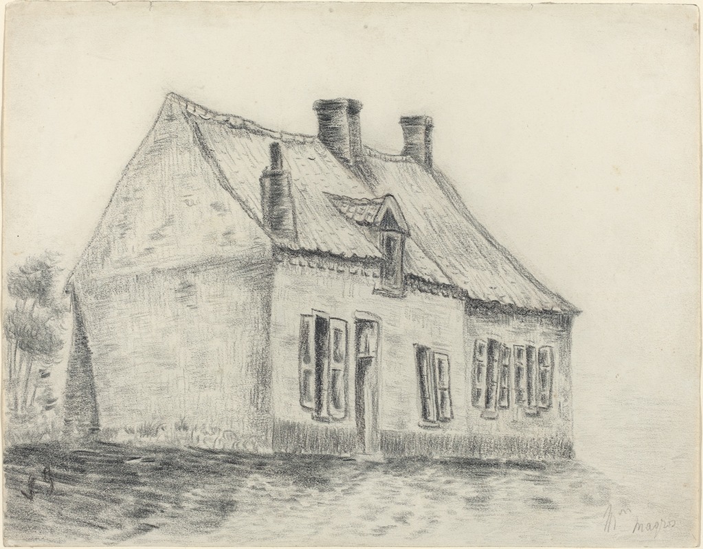 Vincent van Gogh's painting 'The Magrot House, Cuesmes' captures a rural scene with vibrant colors.