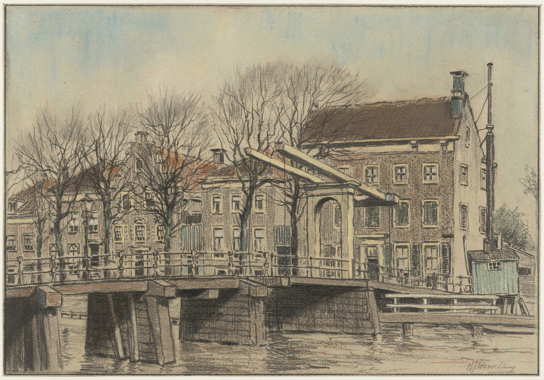 Landscape with a bridge over water, oil painting by Hendrik Jan Wesseling, 1925