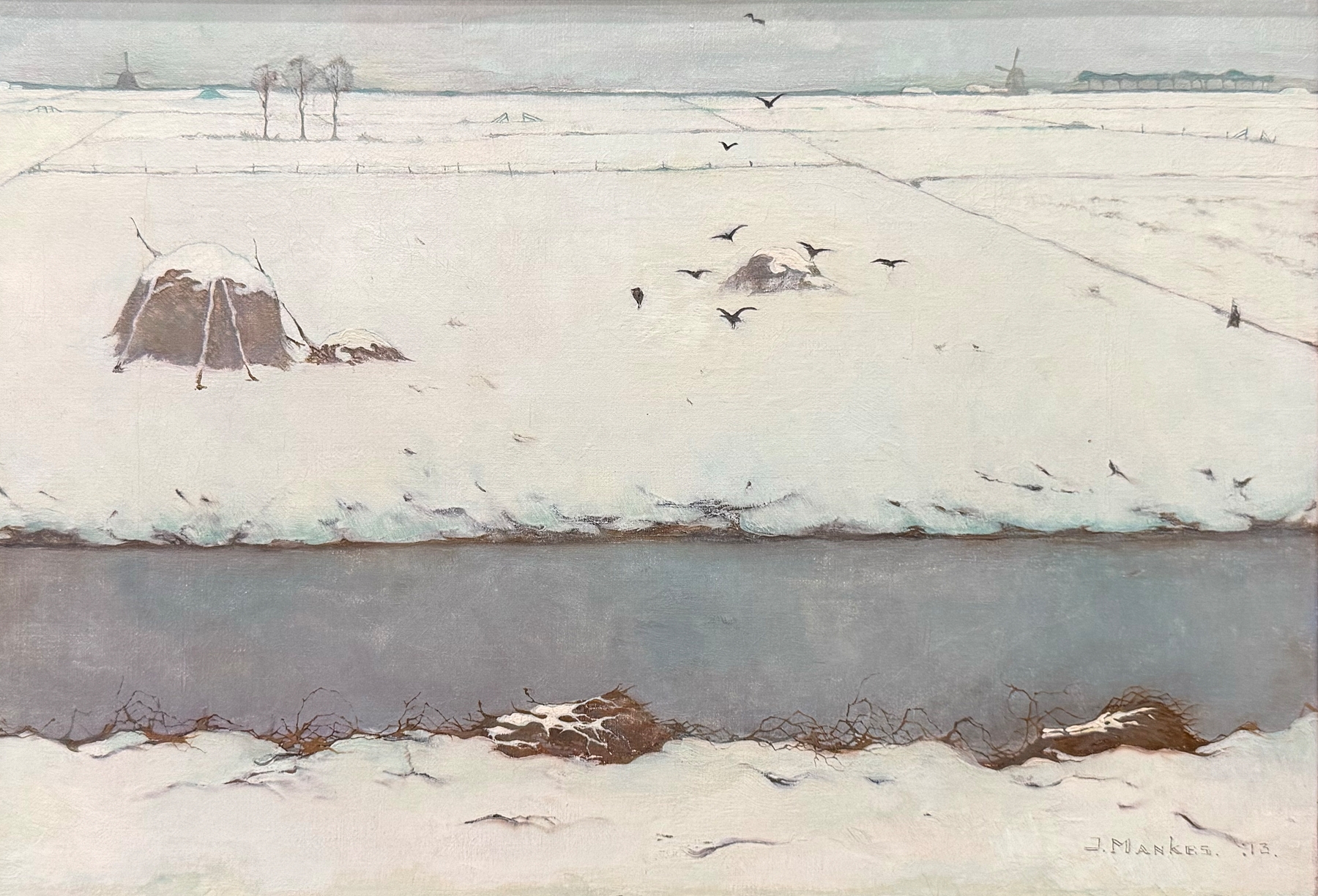 Winter landscape with a ditch, oil painting by Jan Mankes