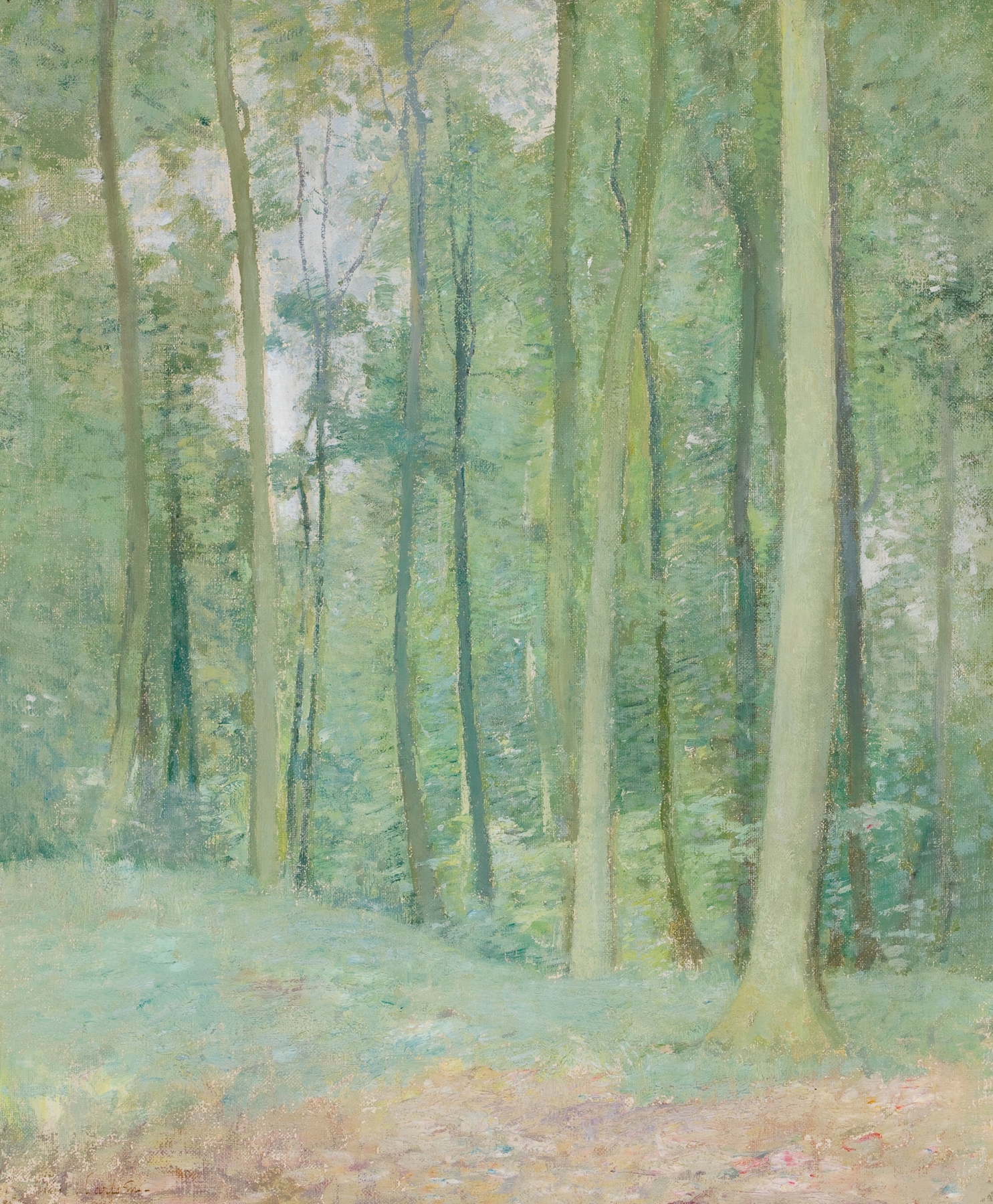 Wooded landscape by Emil Carlsen, oil on canvas, depicting a tranquil forest scene.