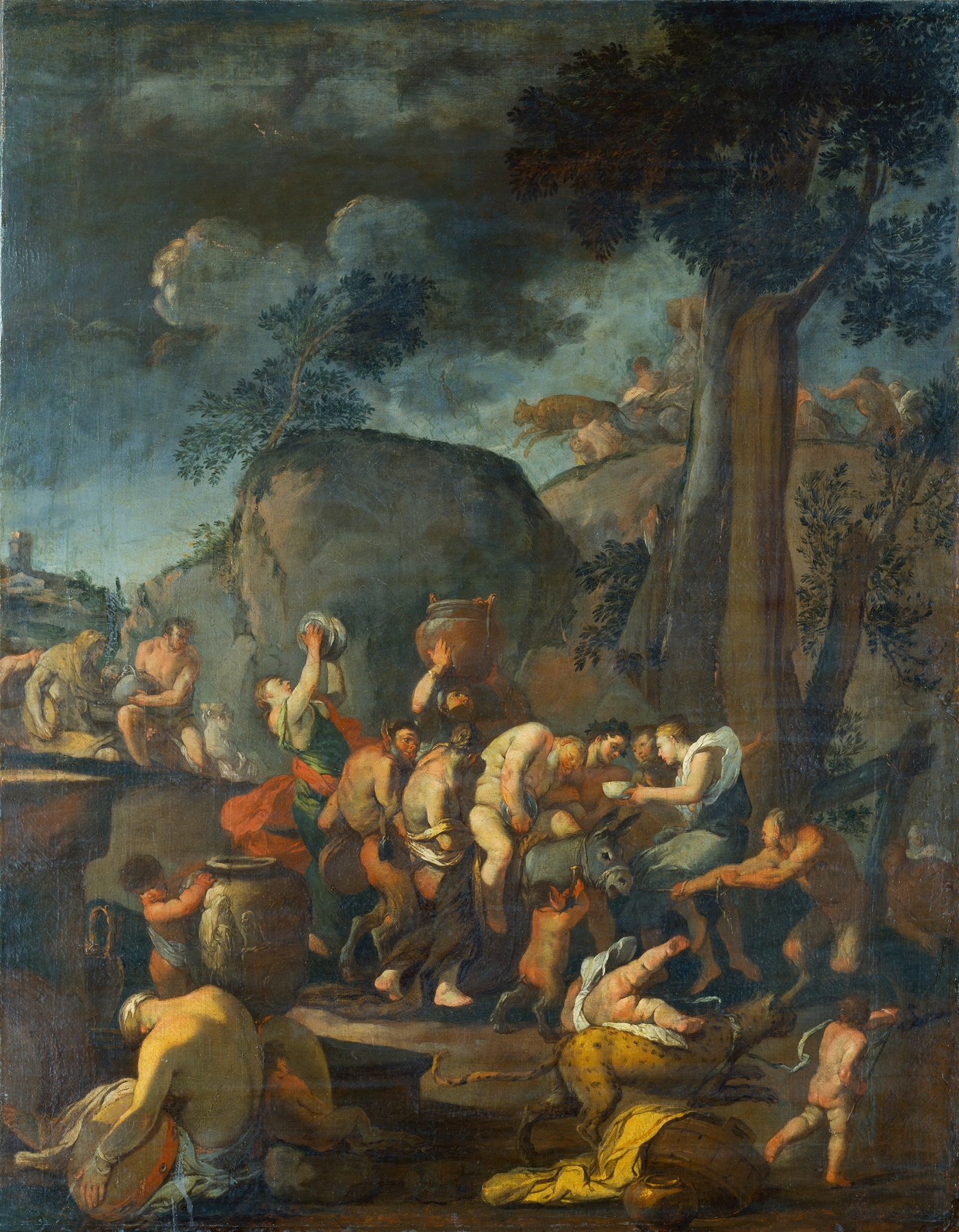 A Bacchanal by Giulio Carpioni, oil painting depicting ecstatic figures dancing in golden light.