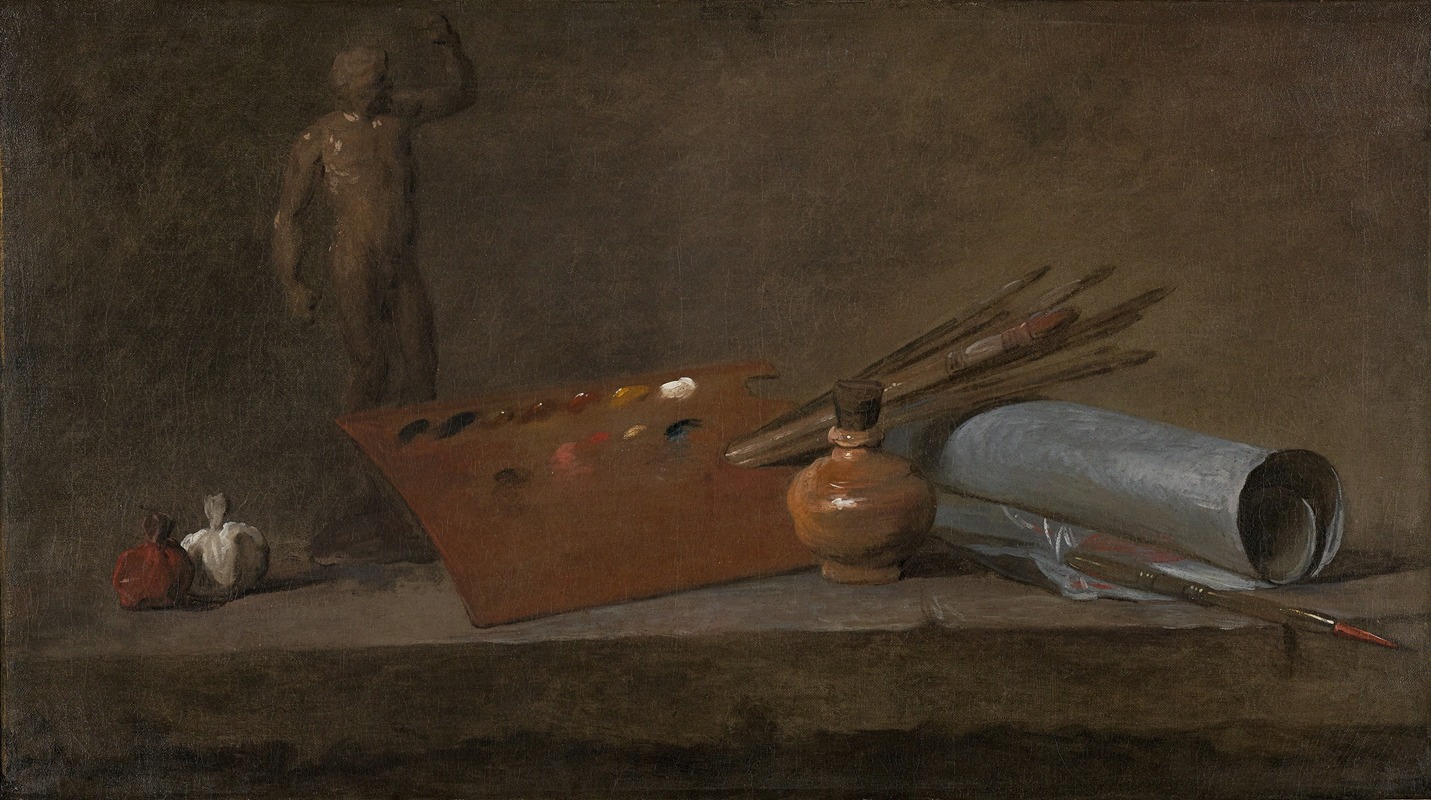 Jean Siméon Chardin's painting 'Attributes of the Painter' showcases the tools and symbols of artistic creation.