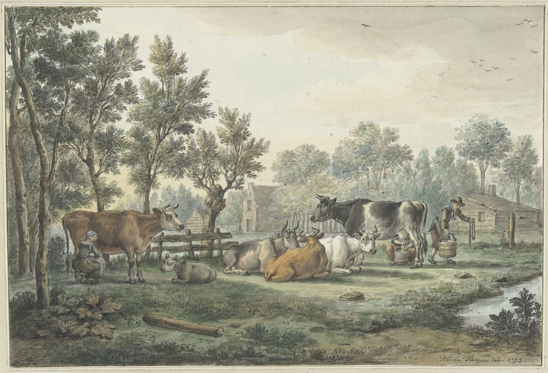 Oil on canvas by Paulus Constantijn la Fargue depicting cows in a rural landscape