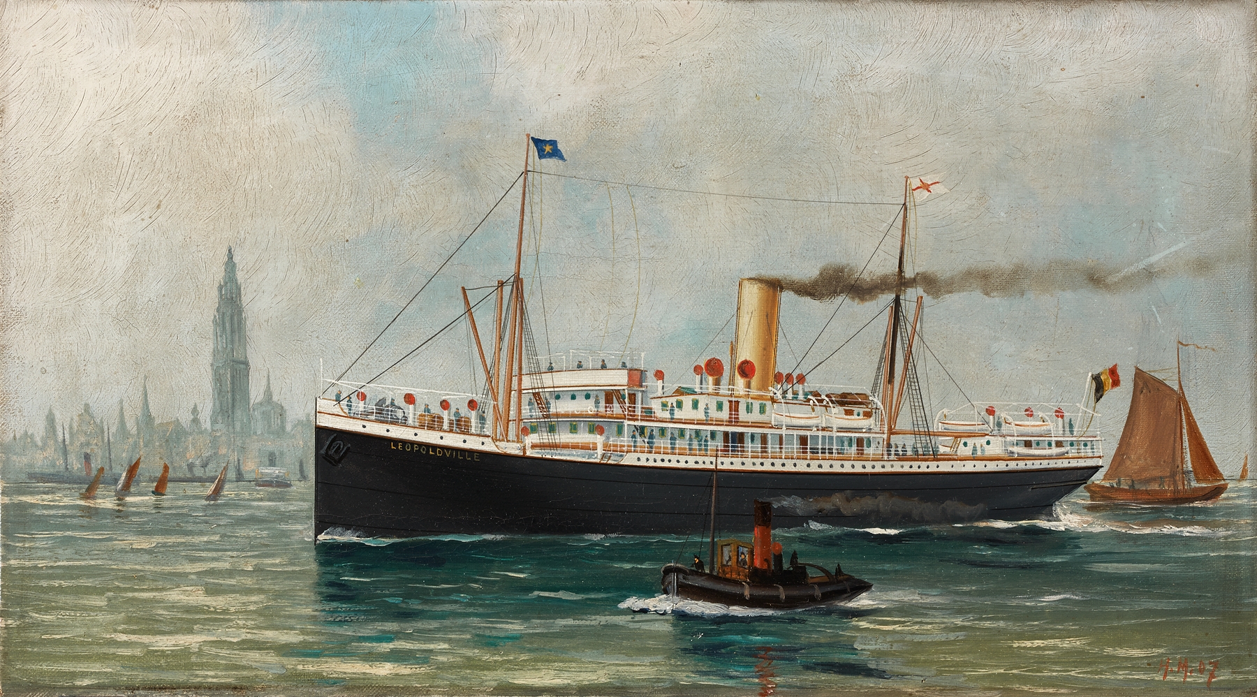 Oil on canvas by John-Henry Mohrmann depicting a steamship in the harbor at sunset.