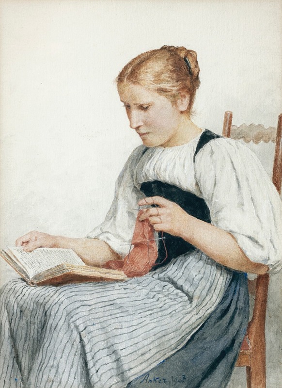 A young girl engrossed in reading while knitting.