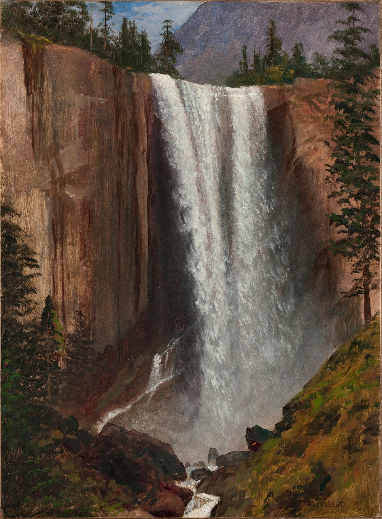 Vernal Fall by Albert Bierstadt, oil painting depicting a waterfall and forest with soft light.