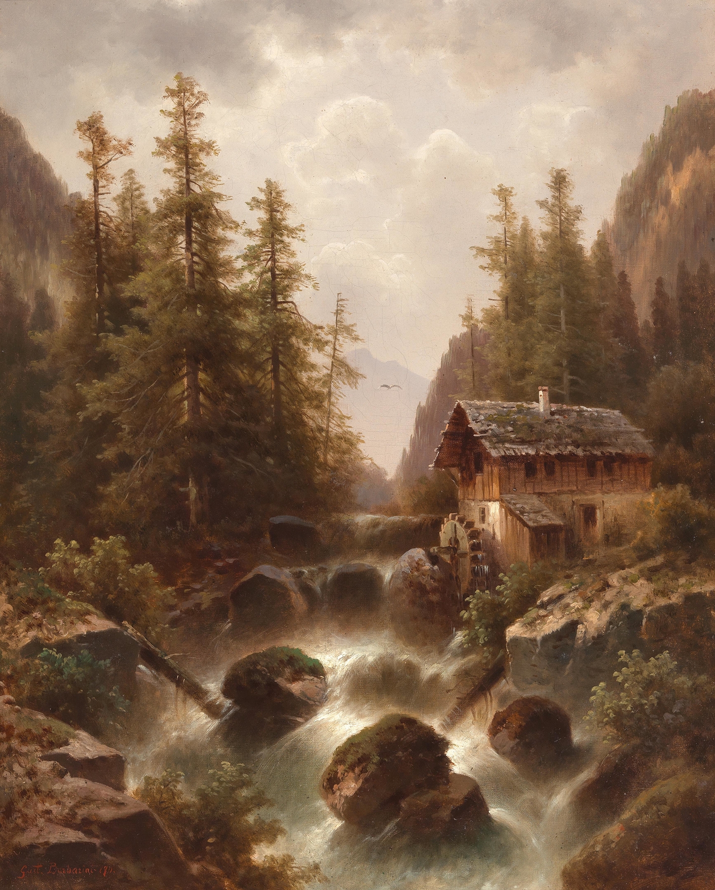 Oil painting by Gustav Barbarini depicting a mill by a mountain torrent