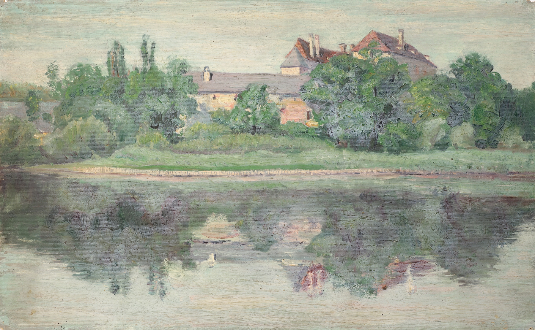 Expressionism landscape of Schloss am See by Walther Gamerith, featuring a castle by a lake.