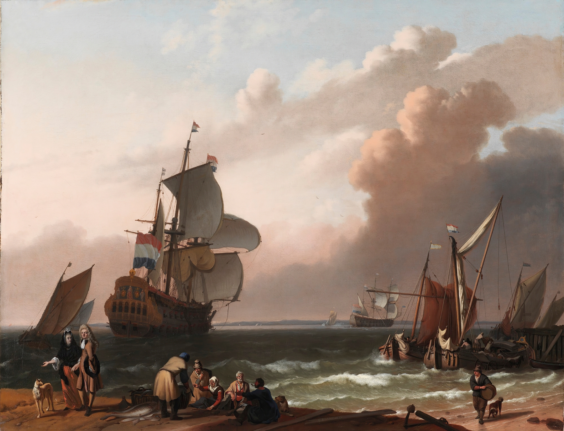 Coastal Scene with a Man-of-War and other Vessels, by Follower of Ludolf Backhuysen, public domain