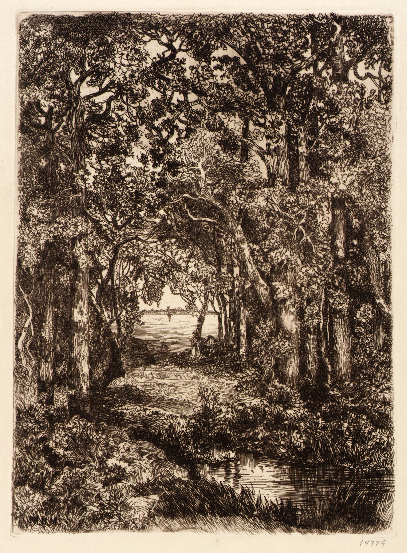 The Sea through the Woods, oil on canvas by Mary Nimmo Moran, sunlight filtering through trees.