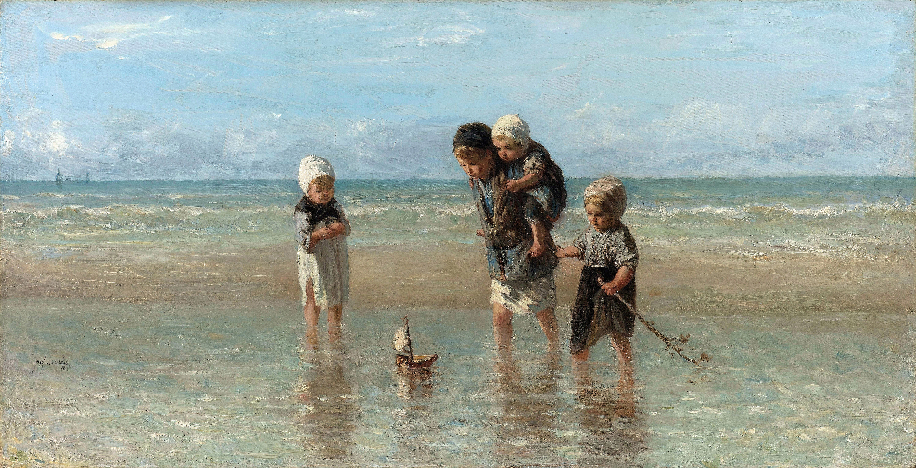Children wading in gentle waves, oil painting by Jozef Israëls