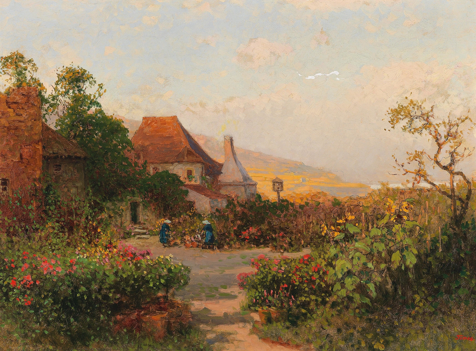 Genre scene depicting lively figures under a luminous sky by Heinrich Tomec, oil painting